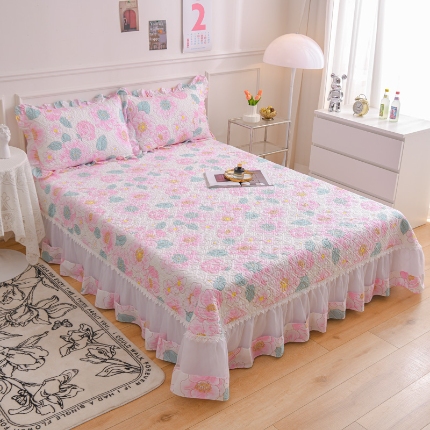 91家纺网 家纺一手货源 找家纺 （总）2026全棉床盖三件套 欧根纱公主风全棉床盖四件套蕾丝花边绗缝夹棉床盖 床裙纯棉单品全棉印花被套枕套