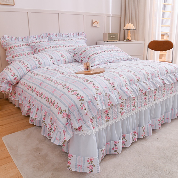 91家纺网 家纺一手货源 找家纺 （总）2026全棉床盖三件套 欧根纱公主风全棉床盖四件套蕾丝花边绗缝夹棉床盖 床裙纯棉单品全棉印花被套枕套