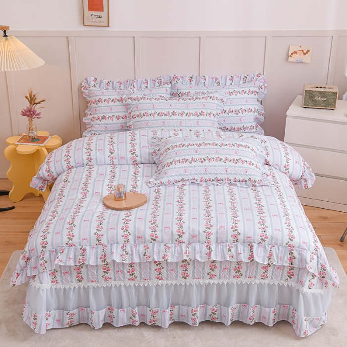 91家纺网 家纺一手货源 找家纺 （总）2026全棉床盖三件套 欧根纱公主风全棉床盖四件套蕾丝花边绗缝夹棉床盖 床裙纯棉单品全棉印花被套枕套