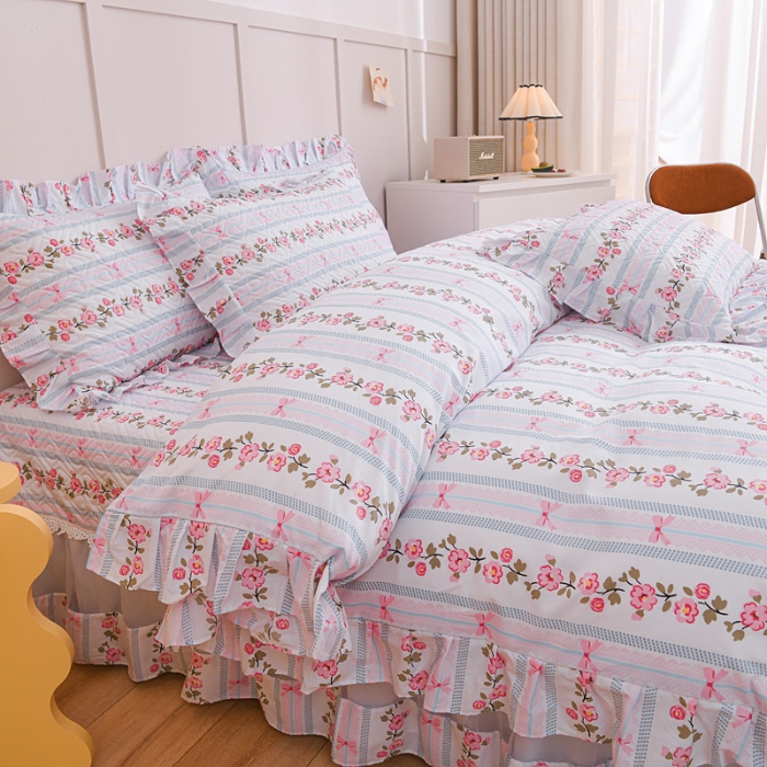 91家纺网 家纺一手货源 找家纺 （总）2026全棉床盖三件套 欧根纱公主风全棉床盖四件套蕾丝花边绗缝夹棉床盖 床裙纯棉单品全棉印花被套枕套