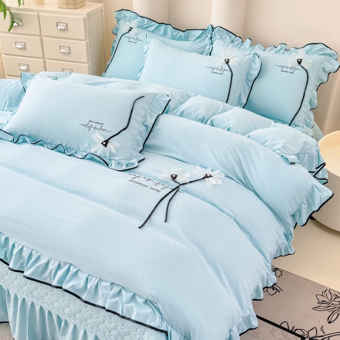 91家纺网 家纺一手货源 找家纺 （总）2026新款A类糯小棉刺绣四件套 撞色立体花朵床盖三件套亲肤夹棉床单四件套单品被套绣花枕套加厚单床盖