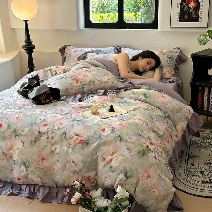 91家纺网 家纺一手货源 找家纺 （总）（总）2026高端韩版法式荷叶边印花纯棉全棉双层纱四件套复古赫本公主风少女花边全棉纯棉双层纱四件套