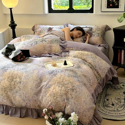 91家纺网 家纺一手货源 找家纺 （总）（总）2026高端韩版法式荷叶边印花纯棉全棉双层纱四件套复古赫本公主风少女花边全棉纯棉双层纱四件套