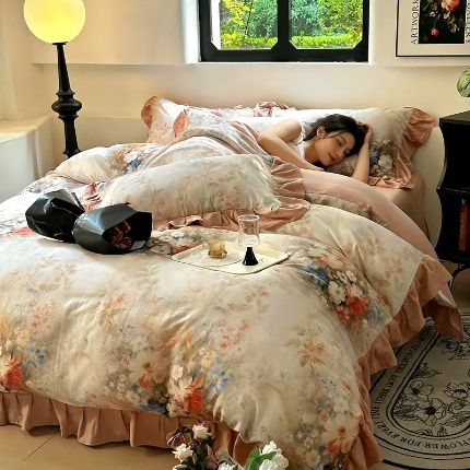 91家纺网 家纺一手货源 找家纺 （总）（总）2026高端韩版法式荷叶边印花纯棉全棉双层纱四件套复古赫本公主风少女花边全棉纯棉双层纱四件套