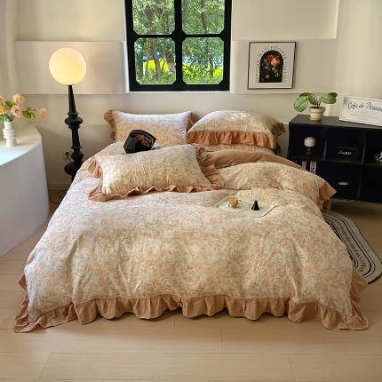 91家纺网 家纺一手货源 找家纺 （总）（总）2026高端韩版法式荷叶边印花纯棉全棉双层纱四件套复古赫本公主风少女花边全棉纯棉双层纱四件套