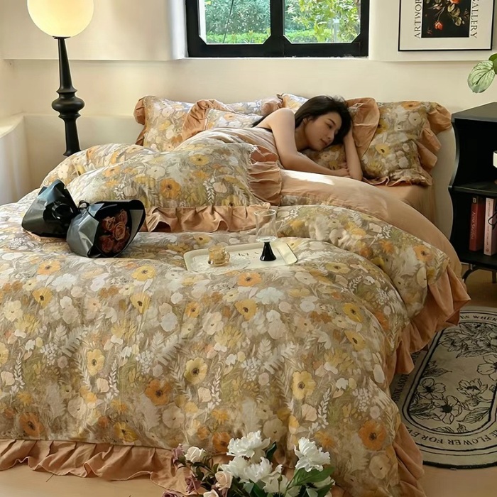 91家纺网 家纺一手货源 找家纺 （总）（总）2026高端韩版法式荷叶边印花纯棉全棉双层纱四件套复古赫本公主风少女花边全棉纯棉双层纱四件套