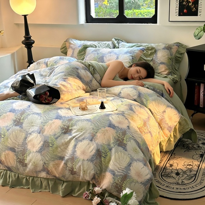 91家纺网 家纺一手货源 找家纺 （总）（总）2026高端韩版法式荷叶边印花纯棉全棉双层纱四件套复古赫本公主风少女花边全棉纯棉双层纱四件套