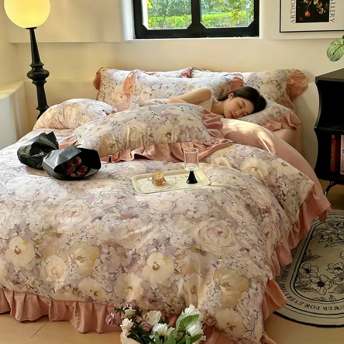 91家纺网 家纺一手货源 找家纺 （总）（总）2026高端韩版法式荷叶边印花纯棉全棉双层纱四件套复古赫本公主风少女花边全棉纯棉双层纱四件套