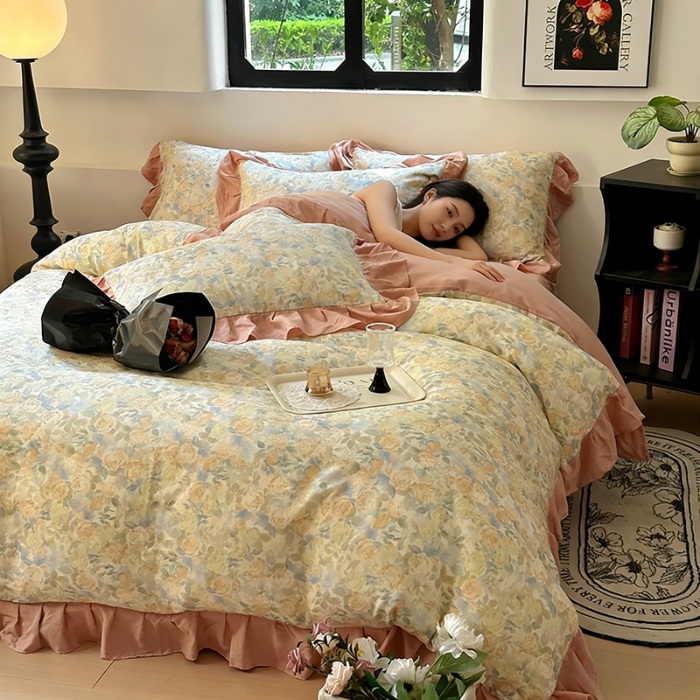 91家纺网 家纺一手货源 找家纺 （总）（总）2026高端韩版法式荷叶边印花纯棉全棉双层纱四件套复古赫本公主风少女花边全棉纯棉双层纱四件套