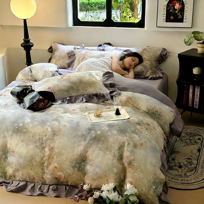 91家纺网 家纺一手货源 找家纺 （总）（总）2026高端韩版法式荷叶边印花纯棉全棉双层纱四件套复古赫本公主风少女花边全棉纯棉双层纱四件套