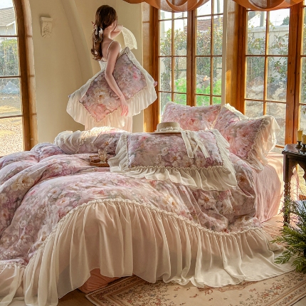 91家纺网 家纺一手货源 找家纺 （总）（总）2026高端韩版法式公主复古油画风全棉纯棉双层纱四件套赫本浪漫荷叶花边仙女纯棉全棉双层纱四件套床上用品被套
