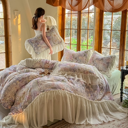 91家纺网 家纺一手货源 找家纺 （总）（总）2026高端韩版法式公主复古油画风全棉纯棉双层纱四件套赫本浪漫荷叶花边仙女纯棉全棉双层纱四件套床上用品被套