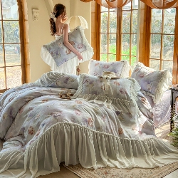 91家纺网 家纺一手货源 找家纺 （总）（总）2026高端韩版法式公主复古油画风全棉纯棉双层纱四件套赫本浪漫荷叶花边仙女纯棉全棉双层纱四件套床上用品被套,仲夏,香榭丽舍,莫奈花园,南法假日,青青子衿,普罗旺斯,采薇,城堡玫瑰
