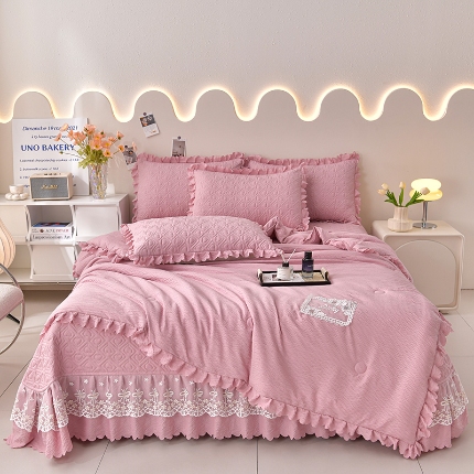 91家纺网 家纺一手货源 找家纺 （总）三友家纺 纯色有氧提花水洗泡泡棉麻床盖四件套 爱恋（被套款 夏被款）