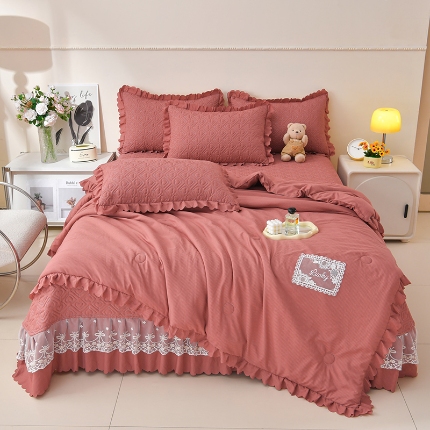 91家纺网 家纺一手货源 找家纺 （总）三友家纺 纯色有氧提花水洗泡泡棉麻床盖四件套 爱恋（被套款 夏被款）