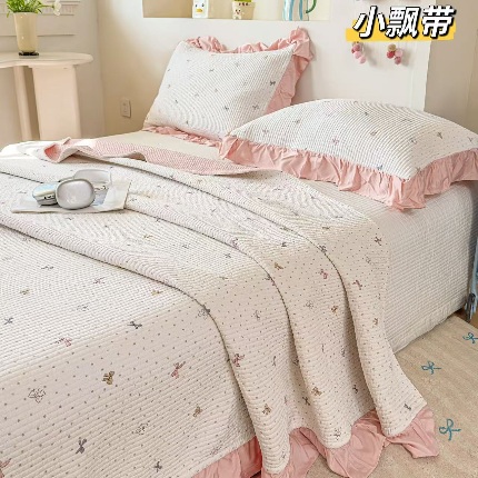 91家纺网 家纺一手货源 找家纺 （总）莫代尔天丝床盖三件套 砂洗小清新夹棉绗缝防滑床单四季