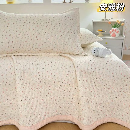 91家纺网 家纺一手货源 找家纺 （总）双层纱床盖三件套 新款全棉纯棉花边防滑夹棉床单单件四季通用