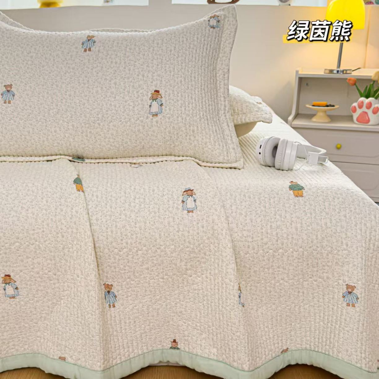 91家纺网 家纺一手货源 找家纺 （总）双层纱床盖三件套 新款全棉纯棉花边防滑夹棉床单单件四季通用