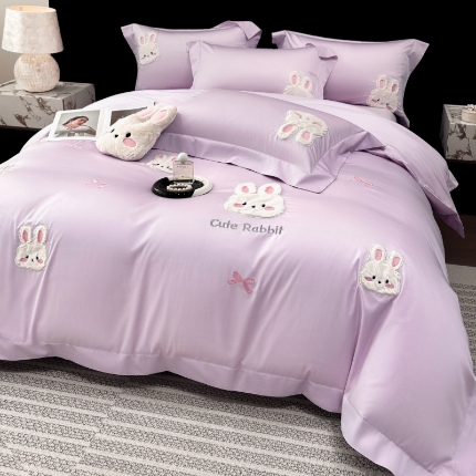 91家纺网 家纺一手货源 找家纺 （总）星蕴家纺 2026新款卡通长绒棉纯棉绣花四件套-甜心小兔