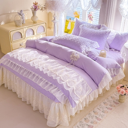 91家纺网 家纺一手货源 找家纺 （总）苏米娜2025春夏新品韩版超柔水洗棉蝴蝶结刺绣针织棉双层纱纯棉棉麻全棉小香风公主风床裙款四件套