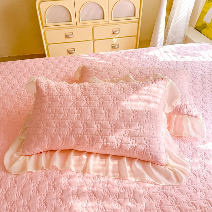 91家纺网 家纺一手货源 找家纺 苏米娜2026春夏新品韩版公主风小清新水洗棉床盖四件套针织棉双层纱纯棉棉麻全棉公主风床盖款四件套 幸运花-樱花粉  