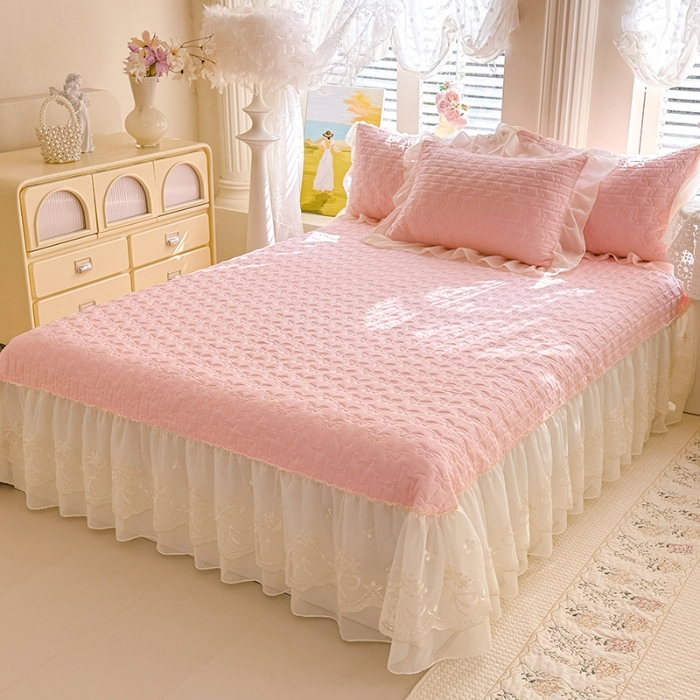 91家纺网 家纺一手货源 找家纺 苏米娜2026春夏新品韩版公主风小清新水洗棉床盖四件套针织棉双层纱纯棉棉麻全棉公主风床盖款四件套 幸运花-樱花粉  