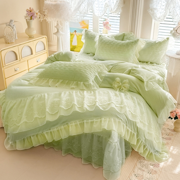 91家纺网 家纺一手货源 找家纺 苏米娜2026春夏新品韩版公主风小清新水洗棉床盖四件套针织棉双层纱纯棉棉麻全棉公主风床盖款四件套 幸运花-薄荷绿 