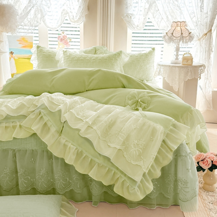 91家纺网 家纺一手货源 找家纺 苏米娜2026春夏新品韩版公主风小清新水洗棉床盖四件套针织棉双层纱纯棉棉麻全棉公主风床盖款四件套 幸运花-薄荷绿 