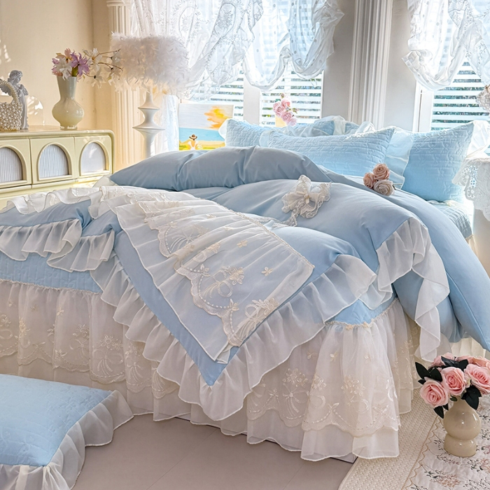 91家纺网 家纺一手货源 找家纺 苏米娜2026春夏新品韩版公主风小清新水洗棉床盖四件套针织棉双层纱纯棉棉麻全棉公主风床盖款四件套 幸运花-梦幻蓝 