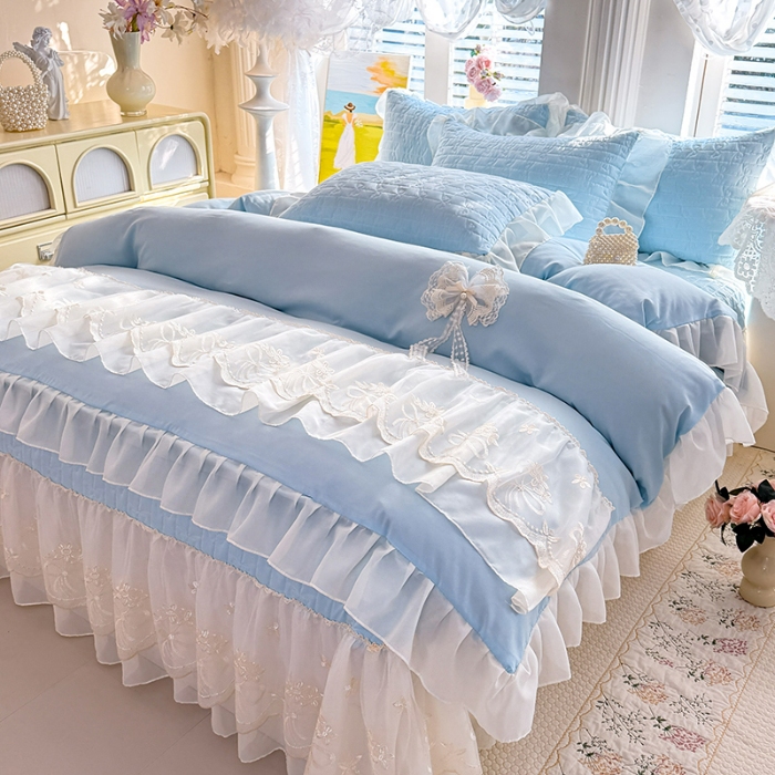 91家纺网 家纺一手货源 找家纺 苏米娜2026春夏新品韩版公主风小清新水洗棉床盖四件套针织棉双层纱纯棉棉麻全棉公主风床盖款四件套 幸运花-梦幻蓝 