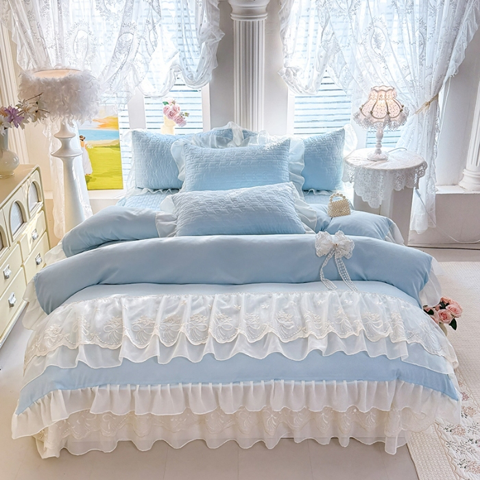 91家纺网 家纺一手货源 找家纺 苏米娜2026春夏新品韩版公主风小清新水洗棉床盖四件套针织棉双层纱纯棉棉麻全棉公主风床盖款四件套 幸运花-梦幻蓝 