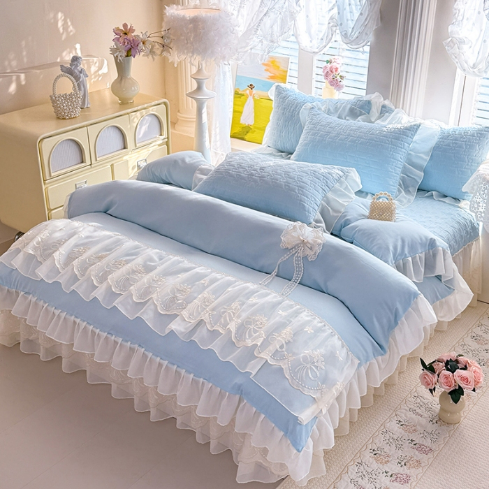 91家纺网 家纺一手货源 找家纺 苏米娜2026春夏新品韩版公主风小清新水洗棉床盖四件套针织棉双层纱纯棉棉麻全棉公主风床盖款四件套 幸运花-梦幻蓝 