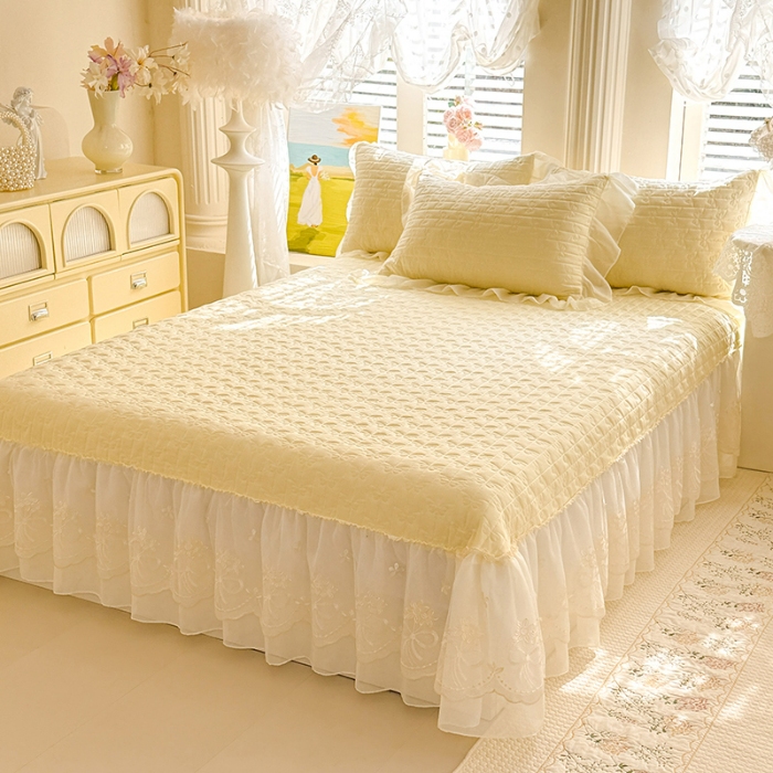 91家纺网 家纺一手货源 找家纺 苏米娜2026春夏新品韩版公主风小清新水洗棉床盖四件套针织棉双层纱纯棉棉麻全棉公主风床盖款四件套 幸运花-柠檬黄