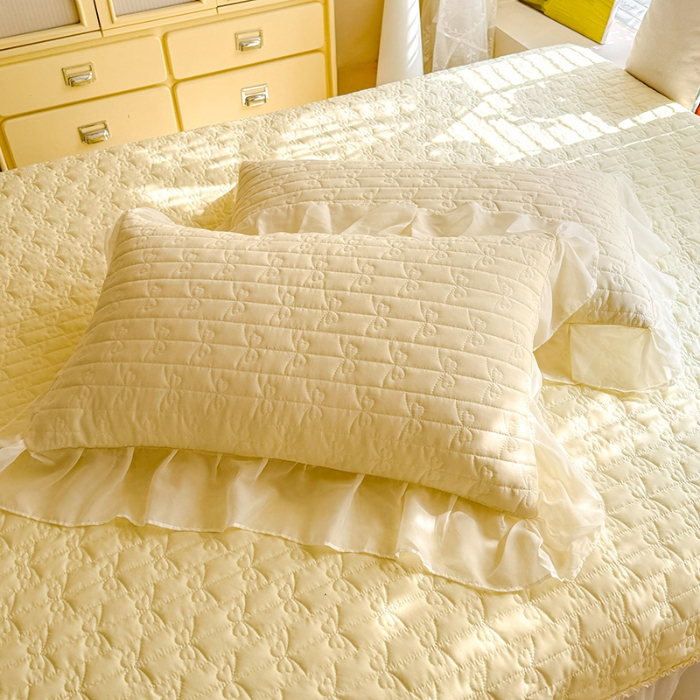 91家纺网 家纺一手货源 找家纺 苏米娜2026春夏新品韩版公主风小清新水洗棉床盖四件套针织棉双层纱纯棉棉麻全棉公主风床盖款四件套 幸运花-柠檬黄