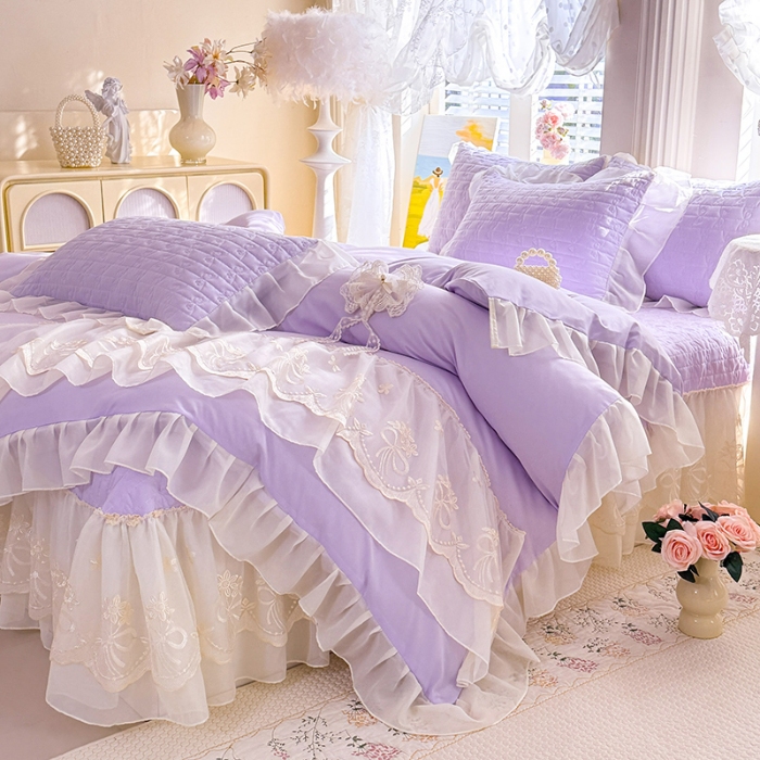 91家纺网 家纺一手货源 找家纺 苏米娜2026春夏新品韩版公主风小清新水洗棉床盖四件套针织棉双层纱纯棉棉麻全棉公主风床盖款四件套 幸运花-香芋紫