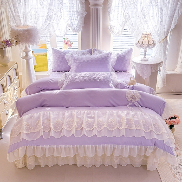 91家纺网 家纺一手货源 找家纺 苏米娜2026春夏新品韩版公主风小清新水洗棉床盖四件套针织棉双层纱纯棉棉麻全棉公主风床盖款四件套 幸运花-香芋紫