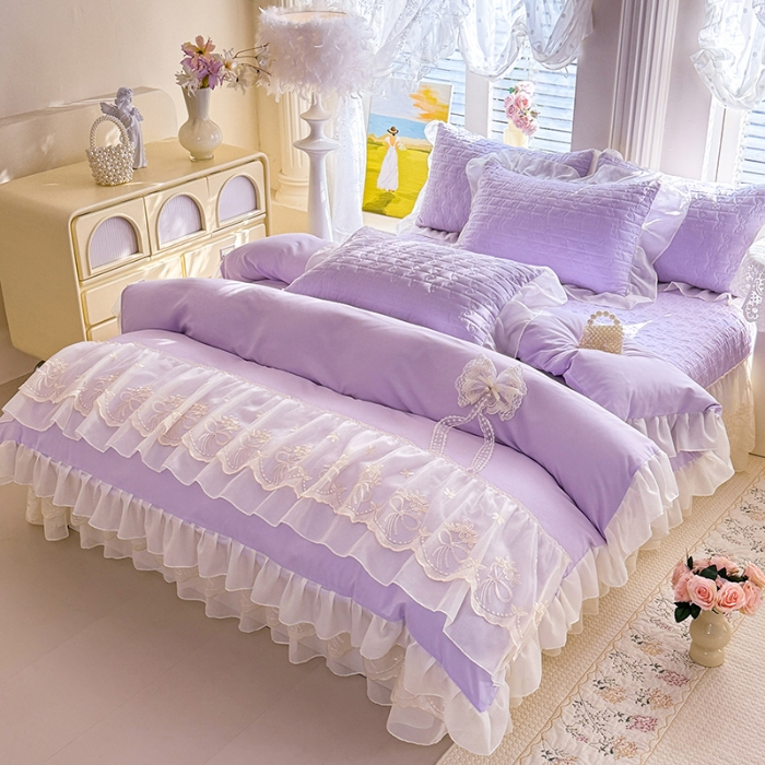 91家纺网 家纺一手货源 找家纺 苏米娜2026春夏新品韩版公主风小清新水洗棉床盖四件套针织棉双层纱纯棉棉麻全棉公主风床盖款四件套 幸运花-香芋紫