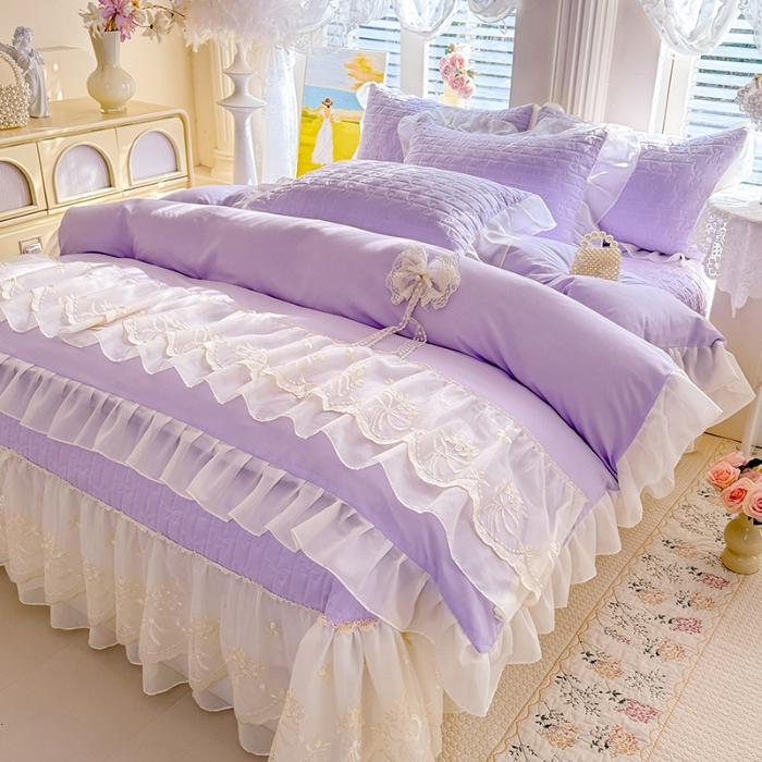 91家纺网 家纺一手货源 找家纺 苏米娜2026春夏新品韩版公主风小清新水洗棉床盖四件套针织棉双层纱纯棉棉麻全棉公主风床盖款四件套 幸运花-香芋紫