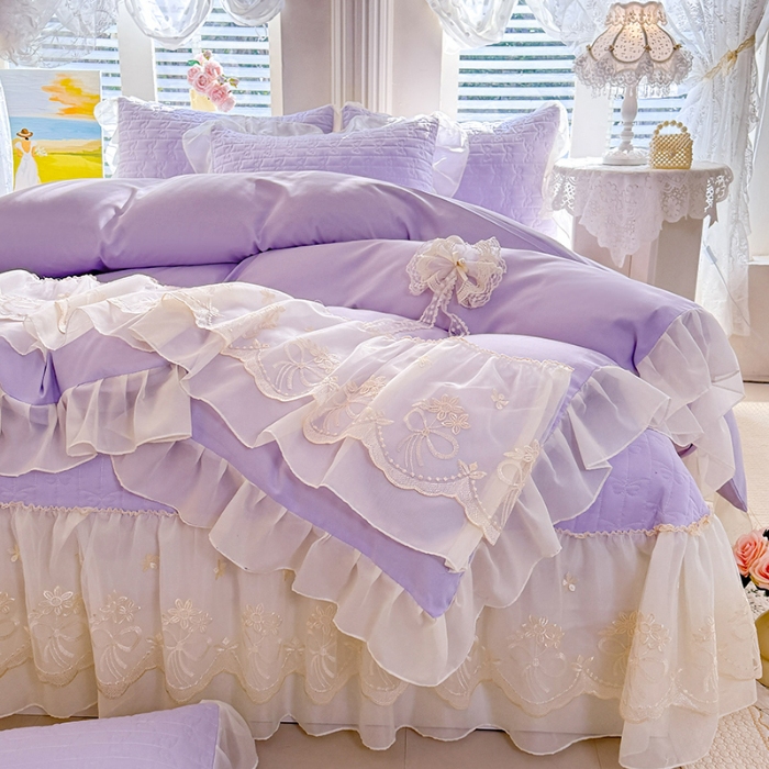 91家纺网 家纺一手货源 找家纺 苏米娜2026春夏新品韩版公主风小清新水洗棉床盖四件套针织棉双层纱纯棉棉麻全棉公主风床盖款四件套 幸运花-香芋紫