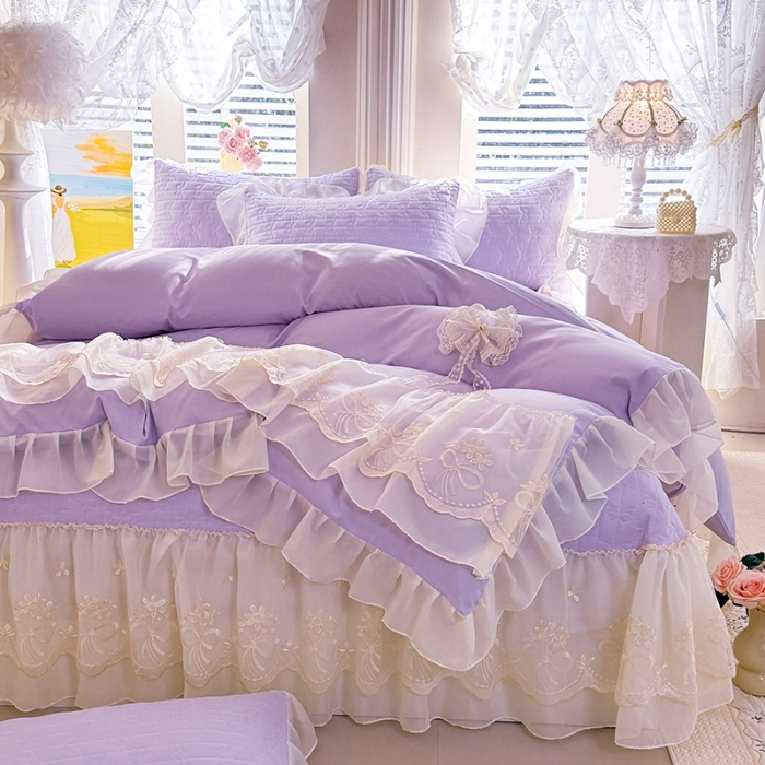 91家纺网 家纺一手货源 找家纺 苏米娜2026春夏新品韩版公主风小清新水洗棉床盖四件套针织棉双层纱纯棉棉麻全棉公主风床盖款四件套 幸运花-香芋紫