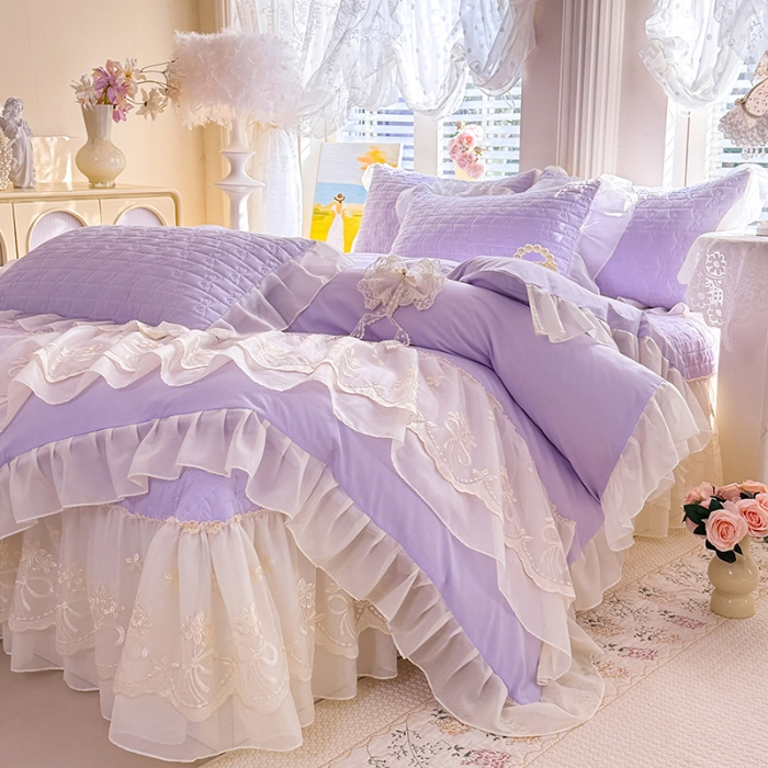 91家纺网 家纺一手货源 找家纺 苏米娜2026春夏新品韩版公主风小清新水洗棉床盖四件套针织棉双层纱纯棉棉麻全棉公主风床盖款四件套 幸运花-香芋紫