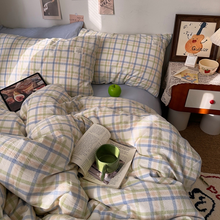 91家纺网 家纺一手货源 找家纺 （总）艾咪-Amy ntmy 2026春夏新款布标格纹款全棉纯棉色织水洗棉四件套