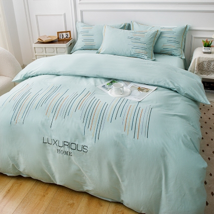 91家纺网 家纺一手货源 找家纺 （总）疆东2026年纯色高端轻奢长绒棉纯棉全棉刺绣四件套简约素色匹马棉全棉纯棉刺绣花四件套被套床单套件,梦幻紫,翡翠绿,豆沙红,太阳橙,天青