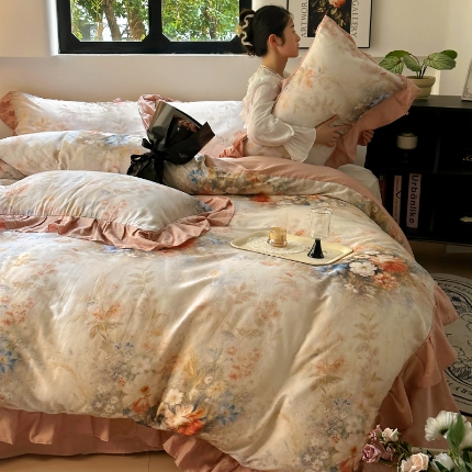 91家纺网 家纺一手货源 找家纺 （总）【苏东来】2026高端韩版法式花边油画纯棉全棉双层纱四件套复古赫本公主风浪漫荷叶边花卉纯棉四件套被套床单