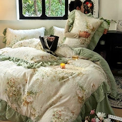 91家纺网 家纺一手货源 找家纺 （总）【苏东来】2026高端韩版法式花边油画纯棉全棉双层纱四件套复古赫本公主风浪漫荷叶边花卉纯棉四件套被套床单,青黛,芳菲,花隐,拾光里里,木槿,蔷薇恋人,虞美人,疏影,暮色玫瑰,爱丽丝
