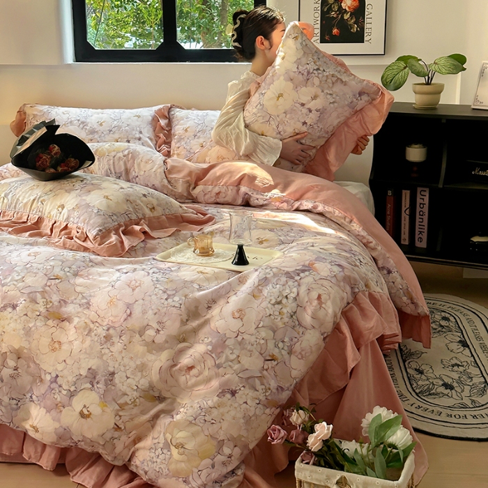 91家纺网 家纺一手货源 找家纺 （总）【苏东来】2026高端韩版法式花边油画纯棉全棉双层纱四件套复古赫本公主风浪漫荷叶边花卉纯棉四件套被套床单