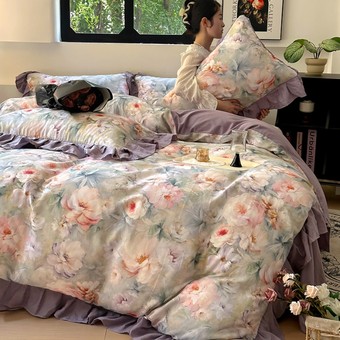 91家纺网 家纺一手货源 找家纺 （总）【苏东来】2026高端韩版法式花边油画纯棉全棉双层纱四件套复古赫本公主风浪漫荷叶边花卉纯棉四件套被套床单