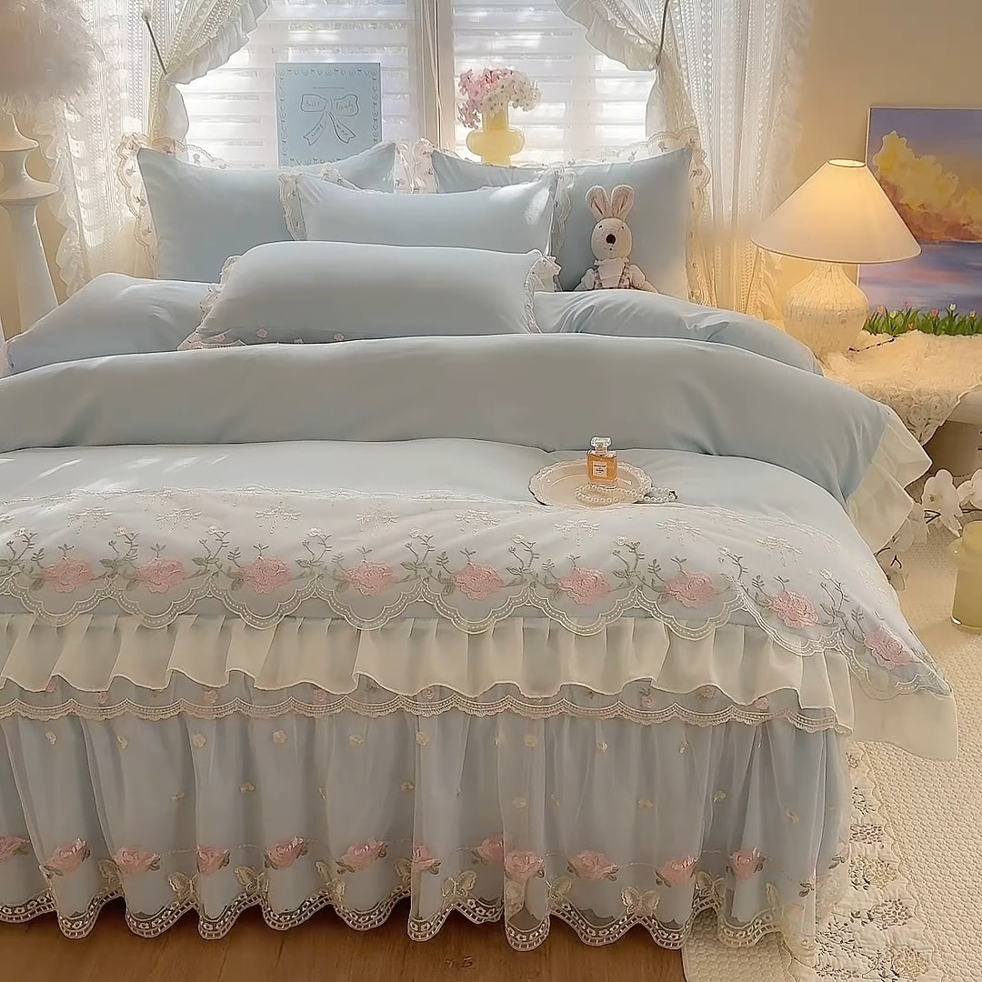 91家纺网 家纺一手货源 找家纺 （总）漫布云家纺 2026春夏超柔水洗棉床裙款四件套-唯爱系列