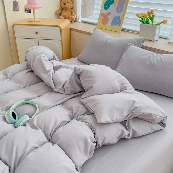 91家纺网 家纺一手货源 找家纺 （总）2026跨境外贸纯色双拼韩国提花棉四件套单被套单床单床笠单品简约素色纯色被套四件套北欧风水洗棉磨毛