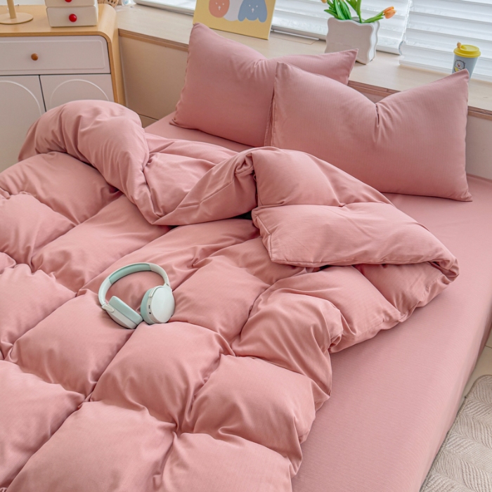 91家纺网 家纺一手货源 找家纺 （总）2026跨境外贸纯色双拼韩国提花棉四件套单被套单床单床笠单品简约素色纯色被套四件套北欧风水洗棉磨毛